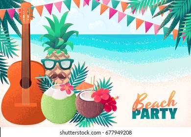 Guitar, pineapple man (boy) with sunglasses and mustaches, coconut cocktails with flowers, palm leaves, flags. Retro vector illustration. Place for your text. Invitation, banner, card, poster, flyer