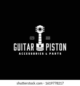 Guitar Piston Engine Car Motor Machine, Music Studio Garage Automotive vintage logo design.