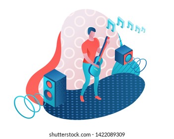 Guitar player 3d isometric infographic illustration, man playing rock music at festival, concert show poster template, color icon