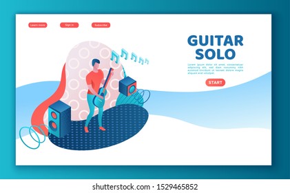 Guitar player 3dsometric landing page, man playing rock music at festival, guitarist on concert, show poster template, blue color background