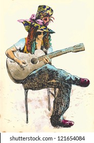 Guitar player - Eccentric with a colored hat. Hand drawing into vector.