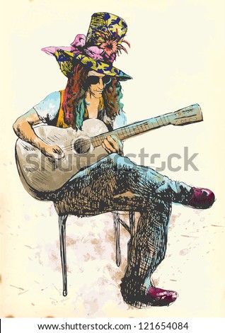 Guitar player - Eccentric with a colored hat. Hand drawing into vector.