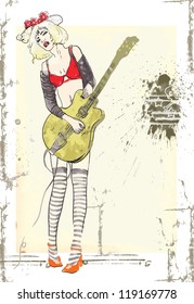 Guitar player - Exciting beauty. Description: Editable in six layers. Number of colors in each layer: no more than sixteen. White color is excluded. Vintage paper (background) in the bottom layer.