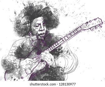 Guitar player in expressive outlines and grungy spots. /// Vector description: contours in shades of gray, black and violet, editable in 5 layers.