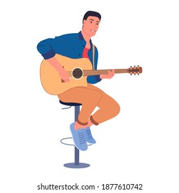 Guitar player flat color vector detailed character. Musician playing musical instruments guitar. Guitarist on bar chair isolated cartoon illustration for web graphic design