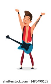 Guitar player flat vector character. Young cool male guitarist performance isolated clipart on white background. Happy guitarist with string electrical musical instrument cartoon design element