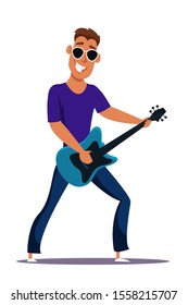 Guitar player flat vector character. Young cool male guitarist performance isolated clipart on white background. Happy guitarist with string electrical musical instrument cartoon design element