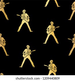 Guitar player gold foil silhouette vector seamless pattern illustration. Golden silhouettes on a black background. Great for paper projects, wallpapers, web backgrounds, flyer, music event advertising