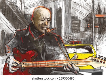 Guitar player  - A hand drawn illustration of an musician playing guitar on the street - Hand drawing converted into vector (7 layers).