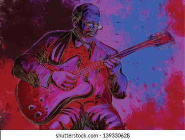 Guitar player  - A hand drawn illustration of an old stager playing guitar in the night club - Hand drawing converted into vector (3 layers).