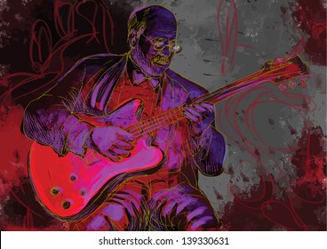Guitar player  - A hand drawn illustration of an old stager playing guitar in the night club - Hand drawing converted into vector (3 layers).