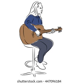 Guitar player.  Hand drawn vector illustration.Outline drawing of a man with a guitar.