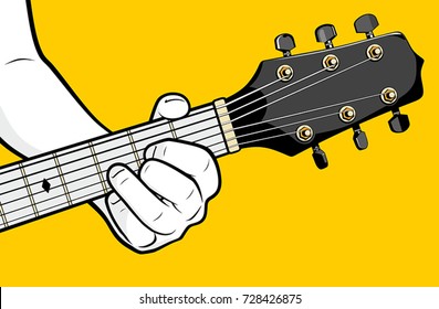 Guitar player hand playing D chord