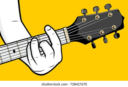 Guitar player hand playing D chord