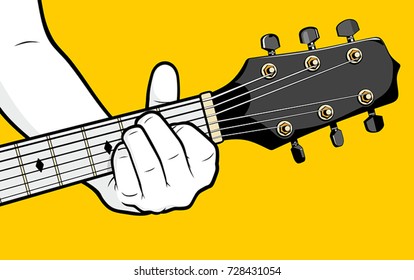 Guitar player hand playing E chord