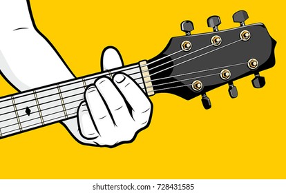 Guitar player hand playing E minor chord