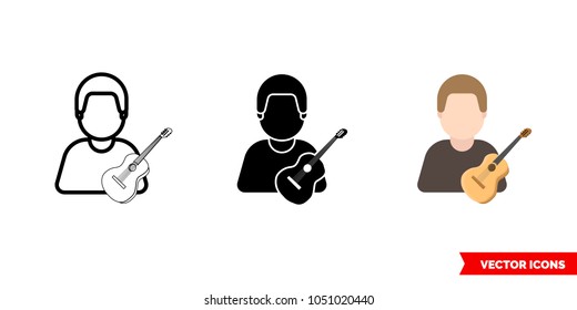 Guitar player icon of 3 types: color, black and white, outline. Isolated vector sign symbol.