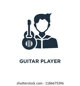 Guitar player icon. Black filled vector illustration. Guitar player symbol on white background. Can be used in web and mobile.