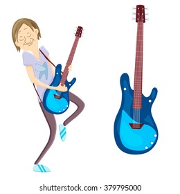 Guitar player isolated on white background. Vector illustration of rock star. Electric guitar isolated. Cartoon rock-n-roll guitarist.