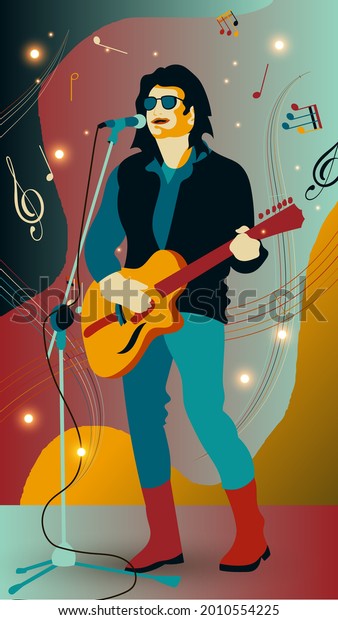 guitar player. a long-haired man in dark glasses plays the guitar in front of a microphone against the background of notes, treble clefs, wavy music staves, lights. Mural wallpaper. 