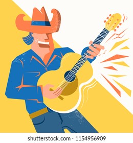 Guitar player man in cowboy hat singing and palying the acoustic guitar .Vector music poster with text