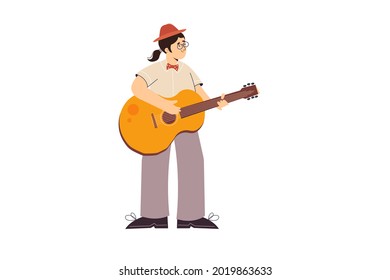 Guitar player in modern style. Modern Isolated vector illustration. Playing the acoustic guitar. Jazz or country musician. Vertical layout