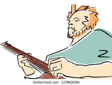 Guitar player. Musical colorful cartoon. Vector flat illustration, isolated colors.