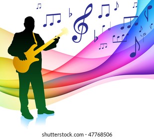 Guitar Player on Musical Note Color Spectrum Original Vector Illustration