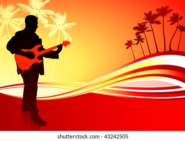Guitar player on tropical background Original Vector Illustration  Music Player Ideal for Live Music Concept