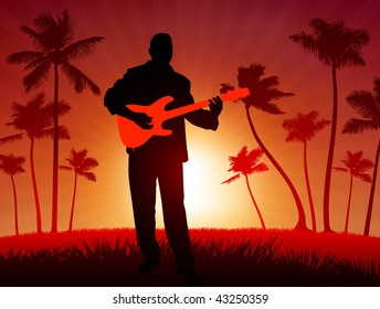 Guitar player on tropical sunset background  Original Vector Illustration Guitar Player ideal for music background