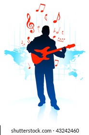 Guitar player on world map background Original Vector Illustration  Music Player Ideal for Live Music Concept