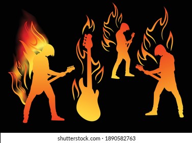 guitar player performing music among fiery flames - hot rock guitarist vector design set