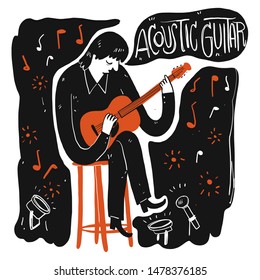 Guitar player playing and singing. Vector Illustration in doodles style.