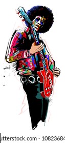 Guitar player with red electric guitar - vector illustration