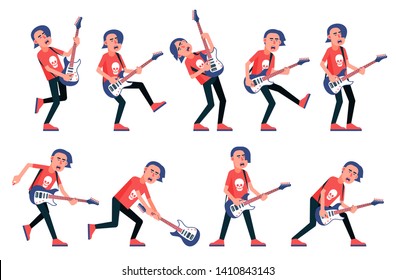 Guitar player from a rock band - various poses. Cartoon vector character.