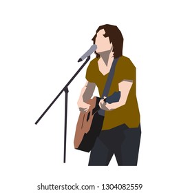 Guitar player singing song, flat design musician playing guitar. Isolated geometric vector illustration