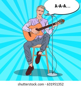 Guitar Player Singing Song in Microphone. Acoustic Concert. Pop Art vector illustration