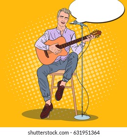 Guitar Player Singing Song in Microphone. Pop Art vector illustration