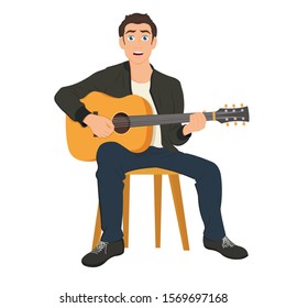 Guitar player singing song and playing an acoustic guitar. Vector cartoon illustration.