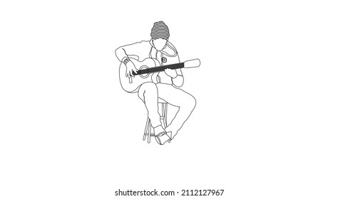 Guitar player singing song and playing an acoustic guitar. Vector cartoon illustration.