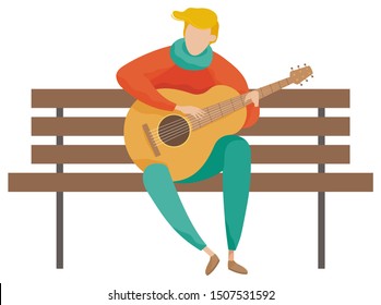 Guitar player sitting on wooden bench vector. Isolated man holding acoustic guitar. Character wearing warm clothes. Talented personage singing songs in pastime hobby, leisure of human flat style