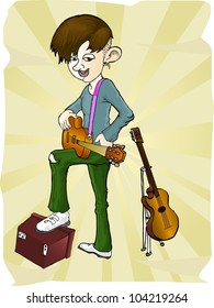 guitar player, with sound box and two guitar