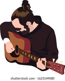 Guitar player vector illustration. Man with hair bun and beard playing guitar.