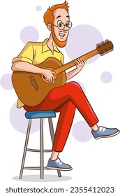 Gitarrenspieler, Vektorgrafik. Musiker Mann mit Gitarre. Sängerin Gitarrist, lustiger Mann. Einzeln auf weißem Hintergrund, Cartoon-Stil
