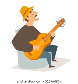 Guitar player vector illustration. Musician man with guitar. Singer spanish guitarist, funny man. Isolated on white background, cartoon style