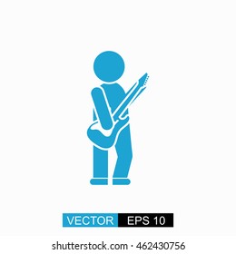 Guitar player vector. Isolated blue icon on white background.