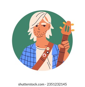 Guitar player, young man face avatar. Cool musician guitarist, head portrait. Rock grunge punk star, male character with string music instrument. Flat vector illustration isolated on white background