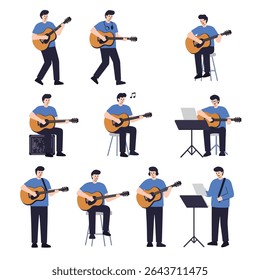 Coleção de tocadores de guitarra executando diferentes atividades
