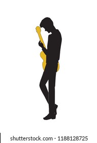 Guitar playing man silhouette, yellow and black vector illustration