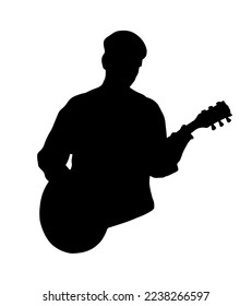 Guitar playing man. Vector simple silhouette shadow shape, flat black icon isolated on white backround. Logo design element. Rock music hobby concept.